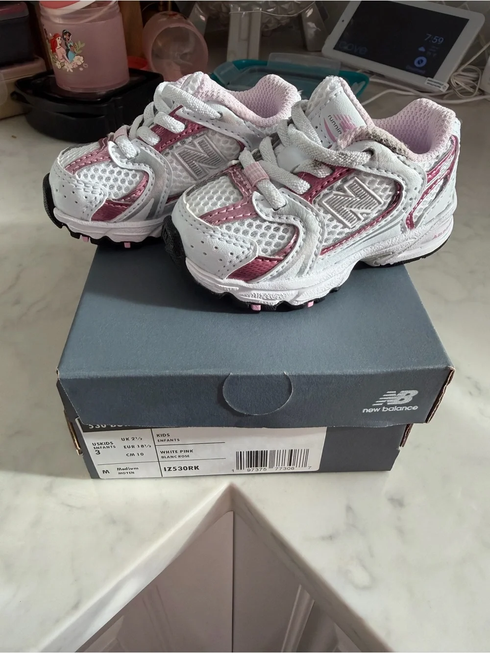 New Balance Kids White and Pink Athletic Sneakers
